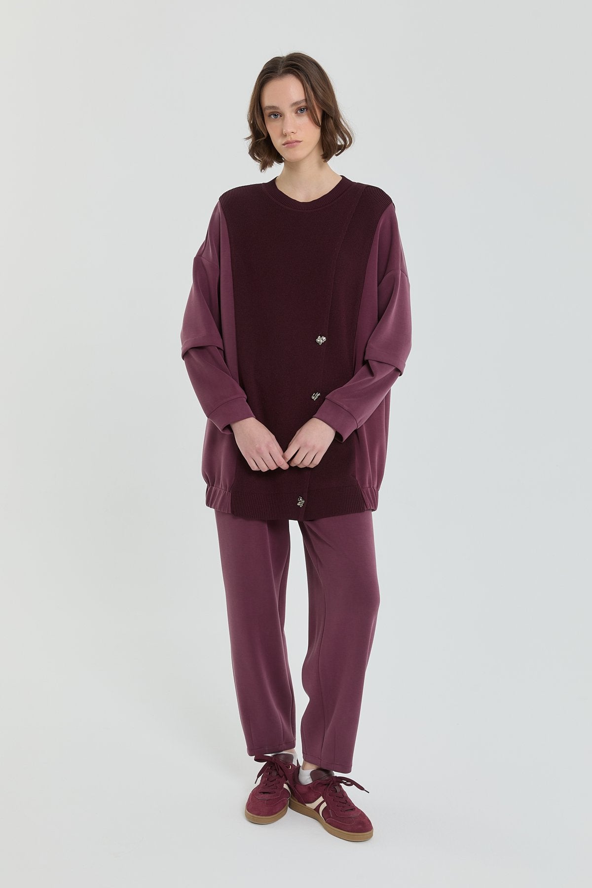 Triko Kombinli Örme Pantolon Tunik Takım - Bordo