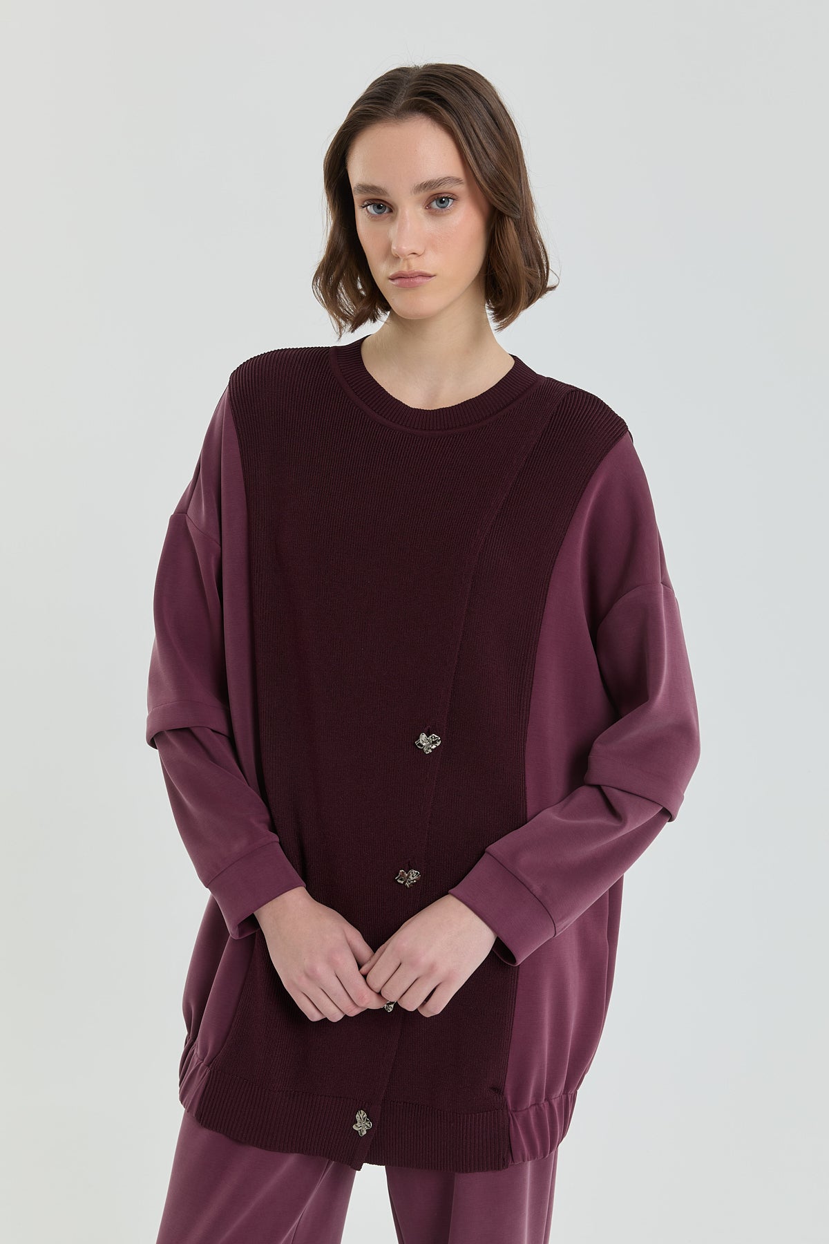 Triko Kombinli Örme Pantolon Tunik Takım - Bordo