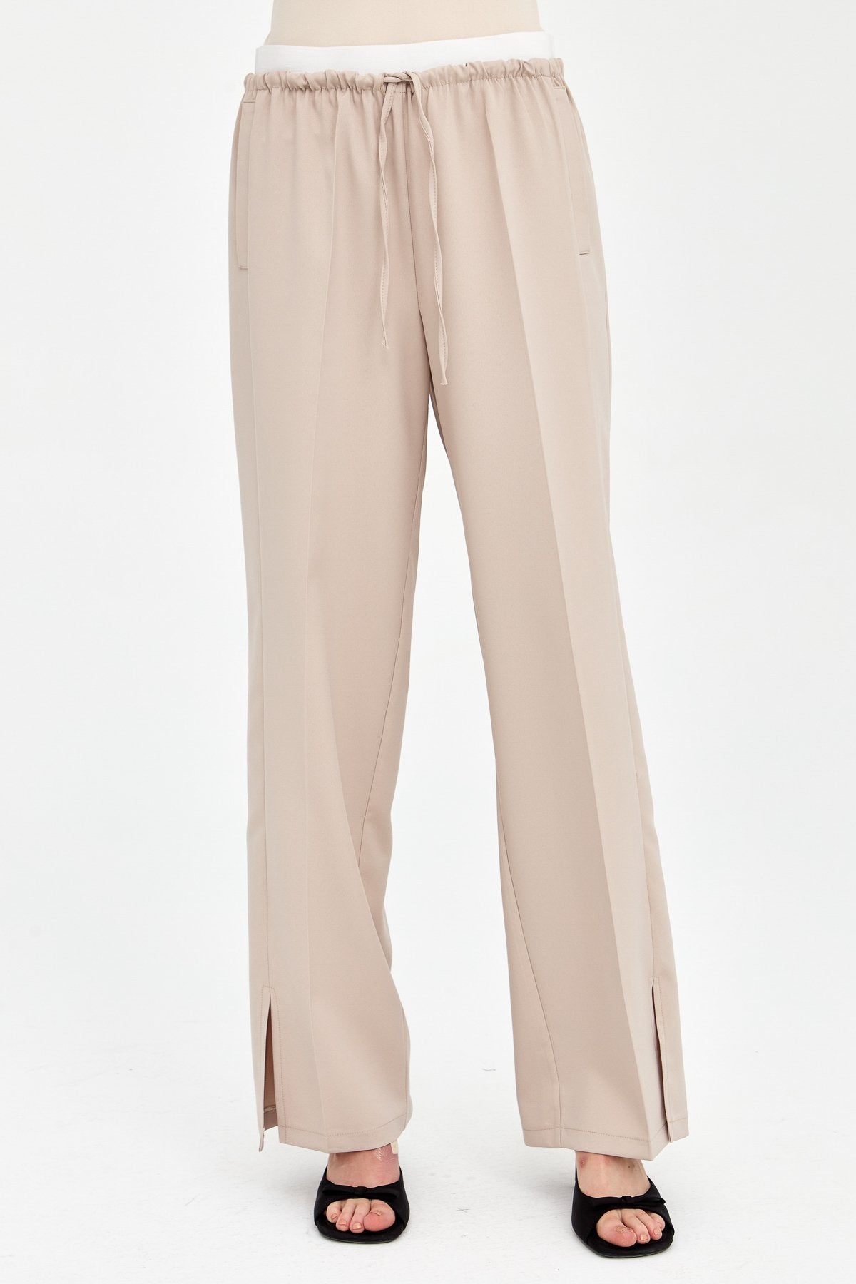 Ironed Rib Elastic Waist Trousers - Beige