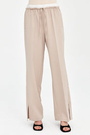 Ironed Rib Elastic Waist Trousers - Beige