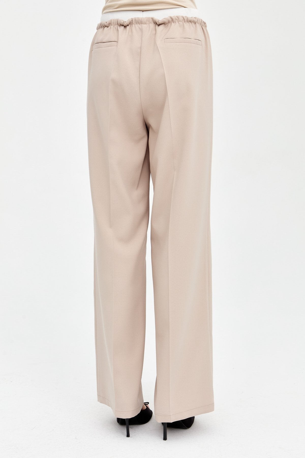 Ironed Rib Elastic Waist Trousers - Beige