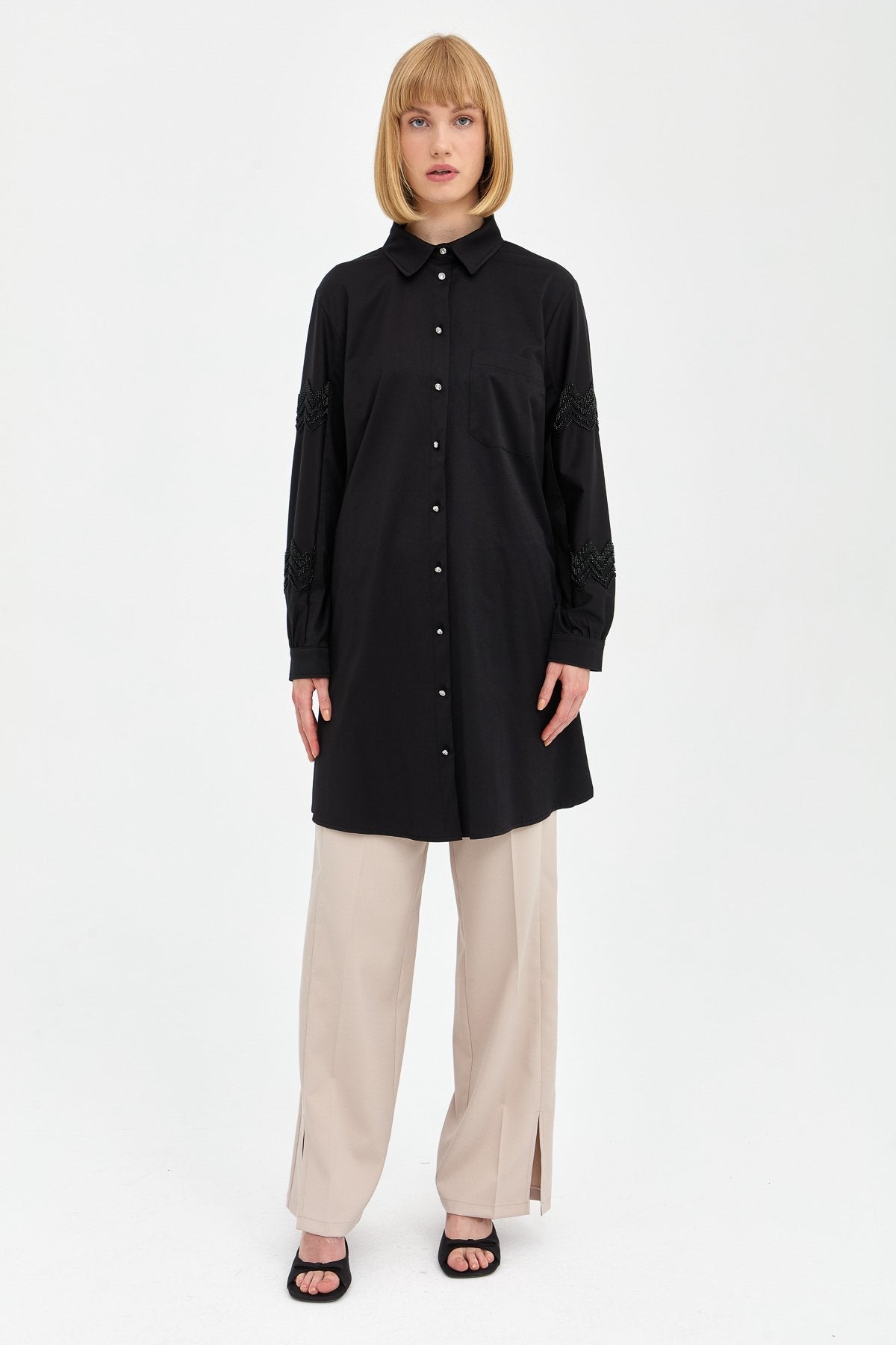 Ironed Rib Elastic Waist Trousers - Beige