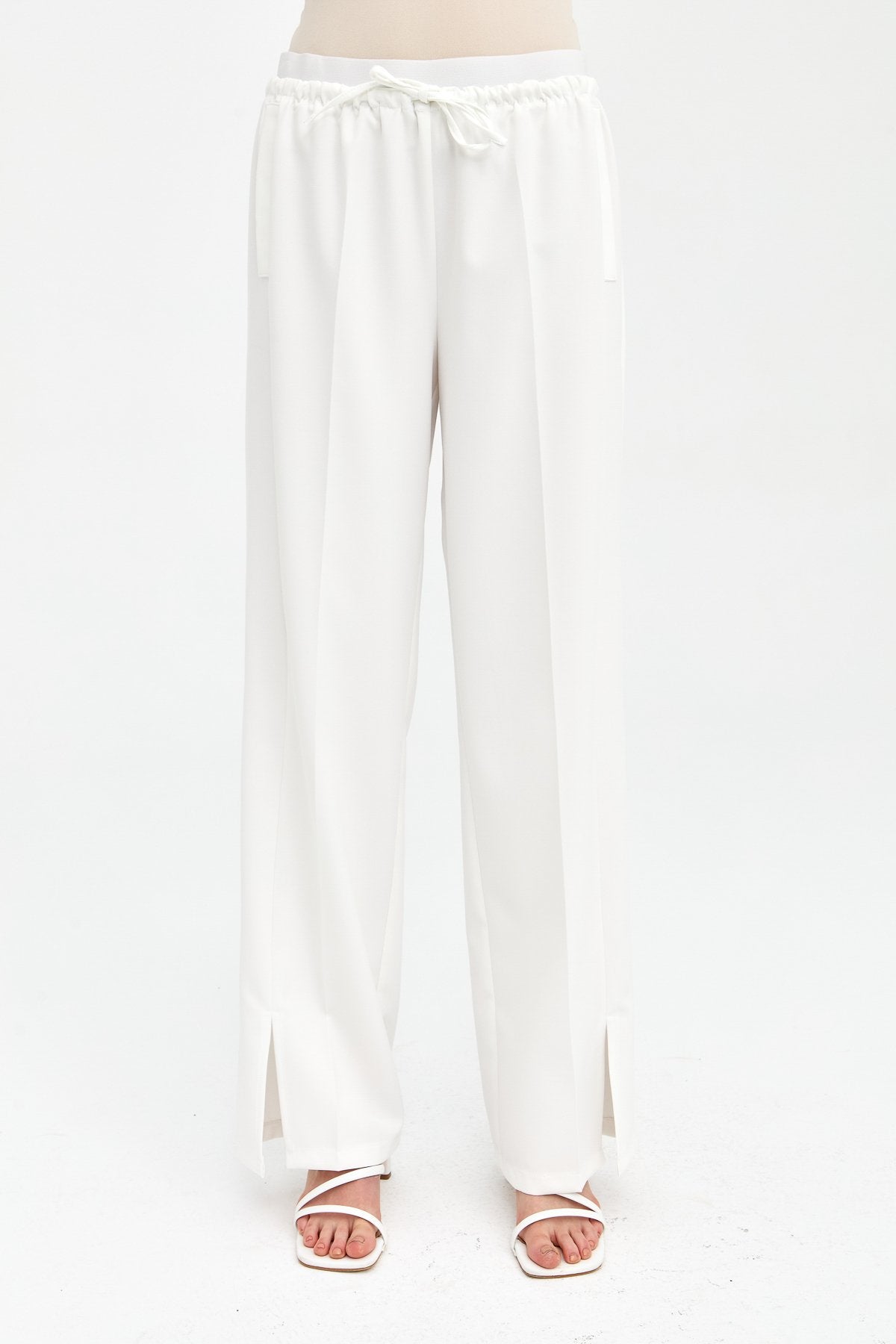 Ironed Rib Elastic Waist Trousers - Ecru