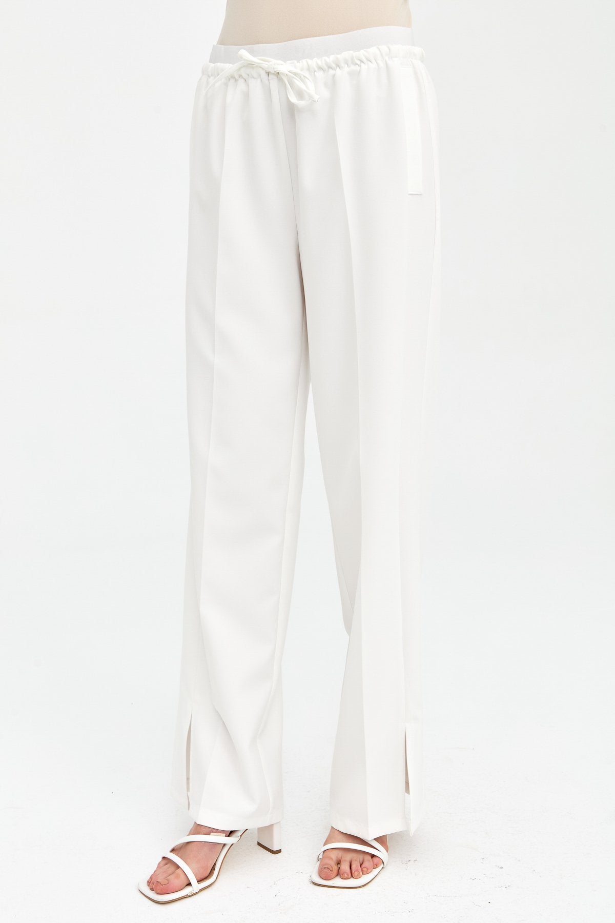 Ironed Rib Elastic Waist Trousers - Ecru