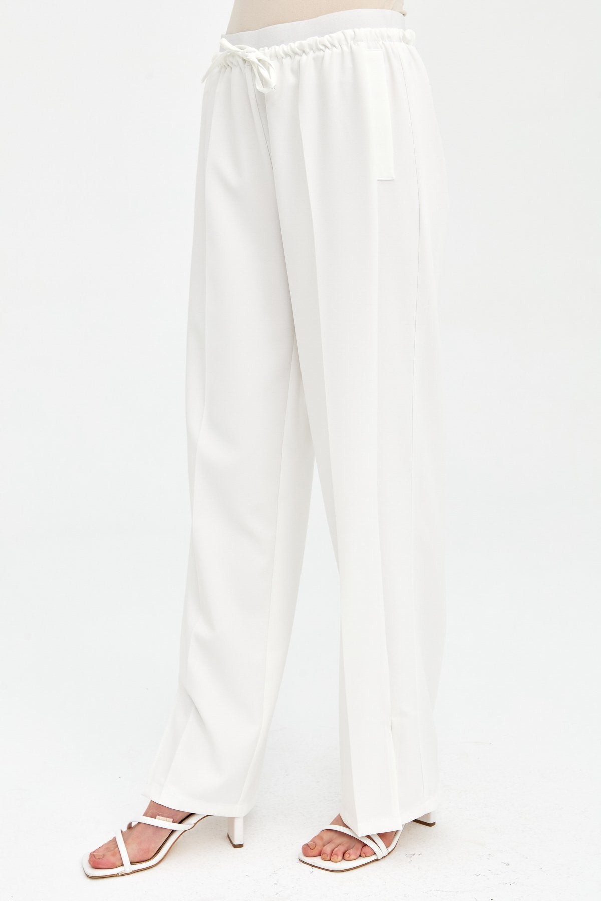 Ironed Rib Elastic Waist Trousers - Ecru