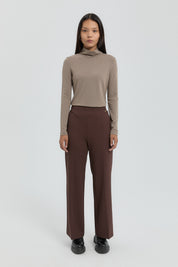 Ütü İzli Boru Paça Örme Pantolon - Kahve