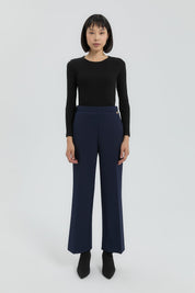 Ironed Rib Straight Leg Knitted Trousers - Navy Blue
