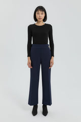 Ironed Rib Straight Leg Knitted Trousers - Navy Blue