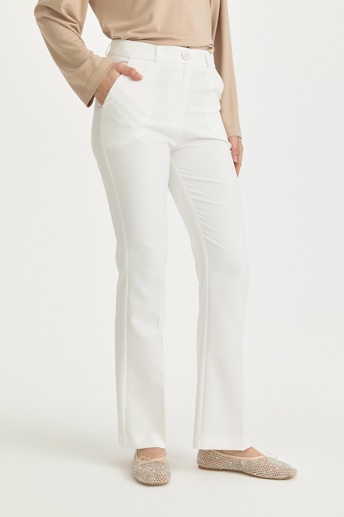 Creased Flared Basic Trousers - Ecru