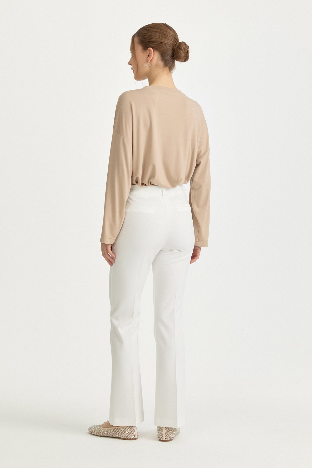 Creased Flared Basic Trousers - Ecru