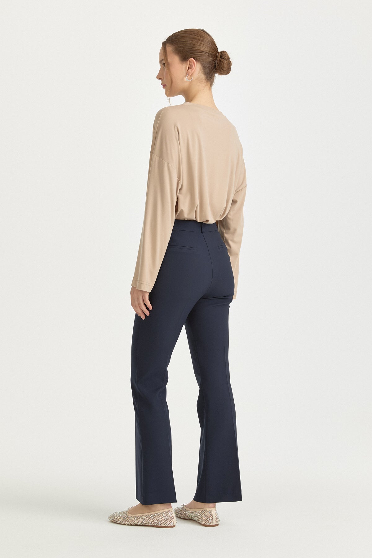 Ironed Spanish Hem Basic Trousers - Navy Blue
