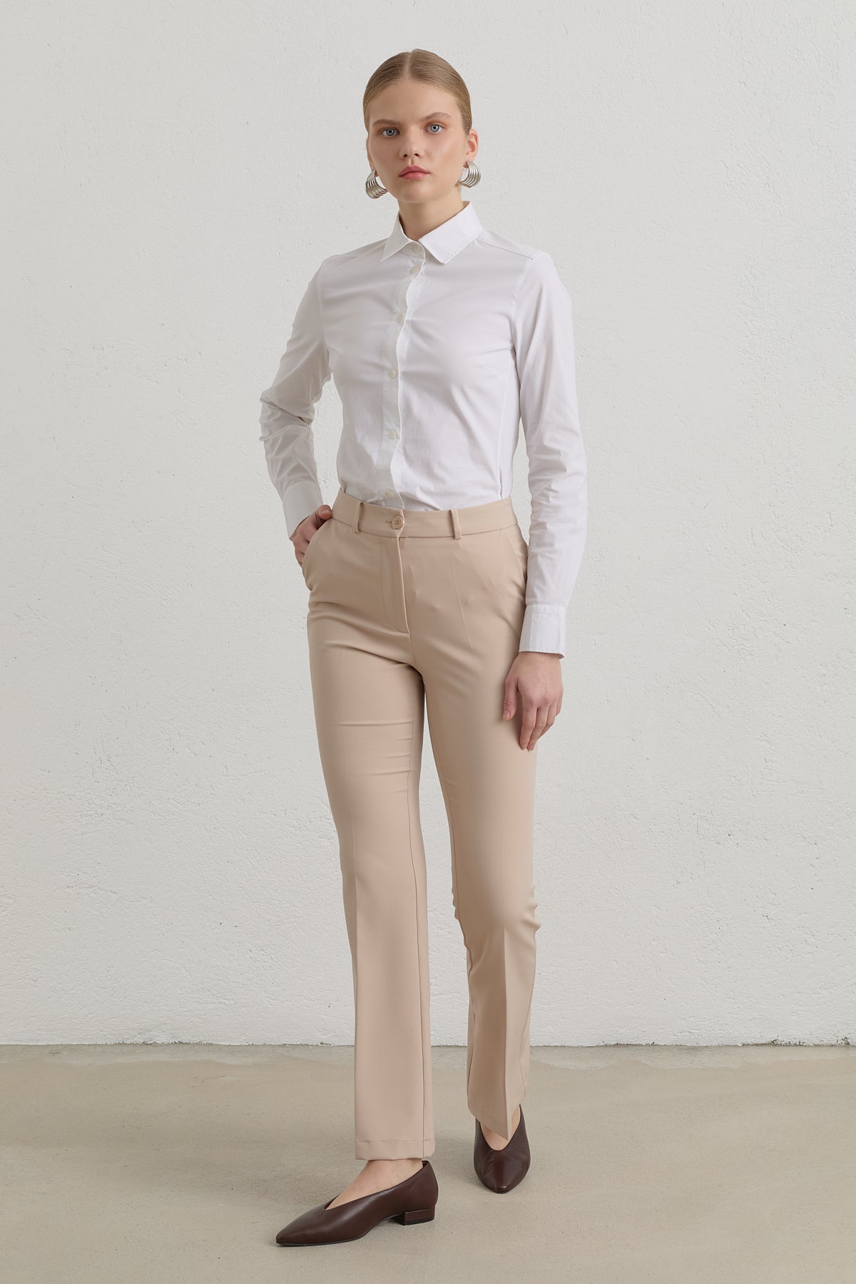 Ütü İzli İspanyol Paça Basic Pantolon - Taş