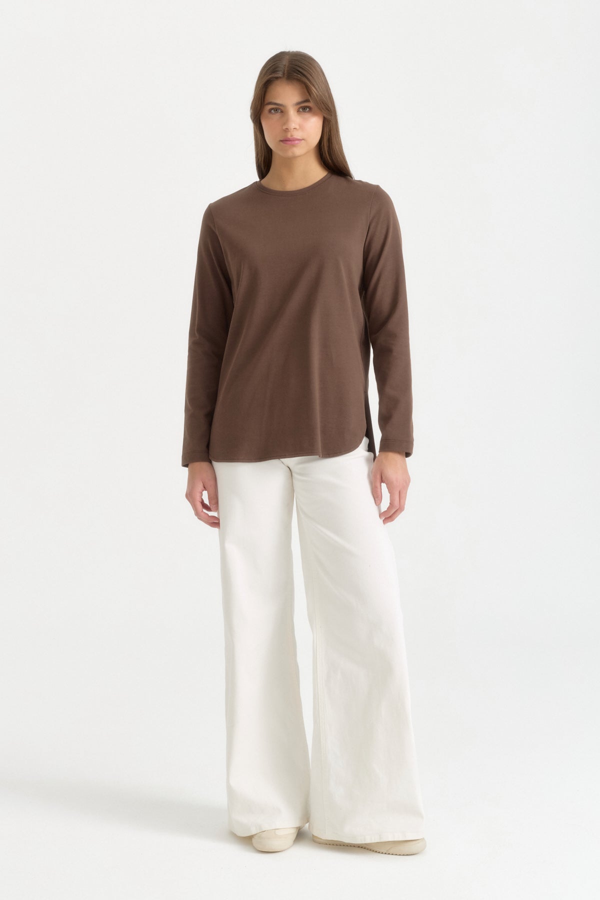 Uzun Kollu Basic Pamuk T-Shirt - Kahve