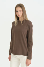 Uzun Kollu Basic Pamuk T-Shirt - Kahve