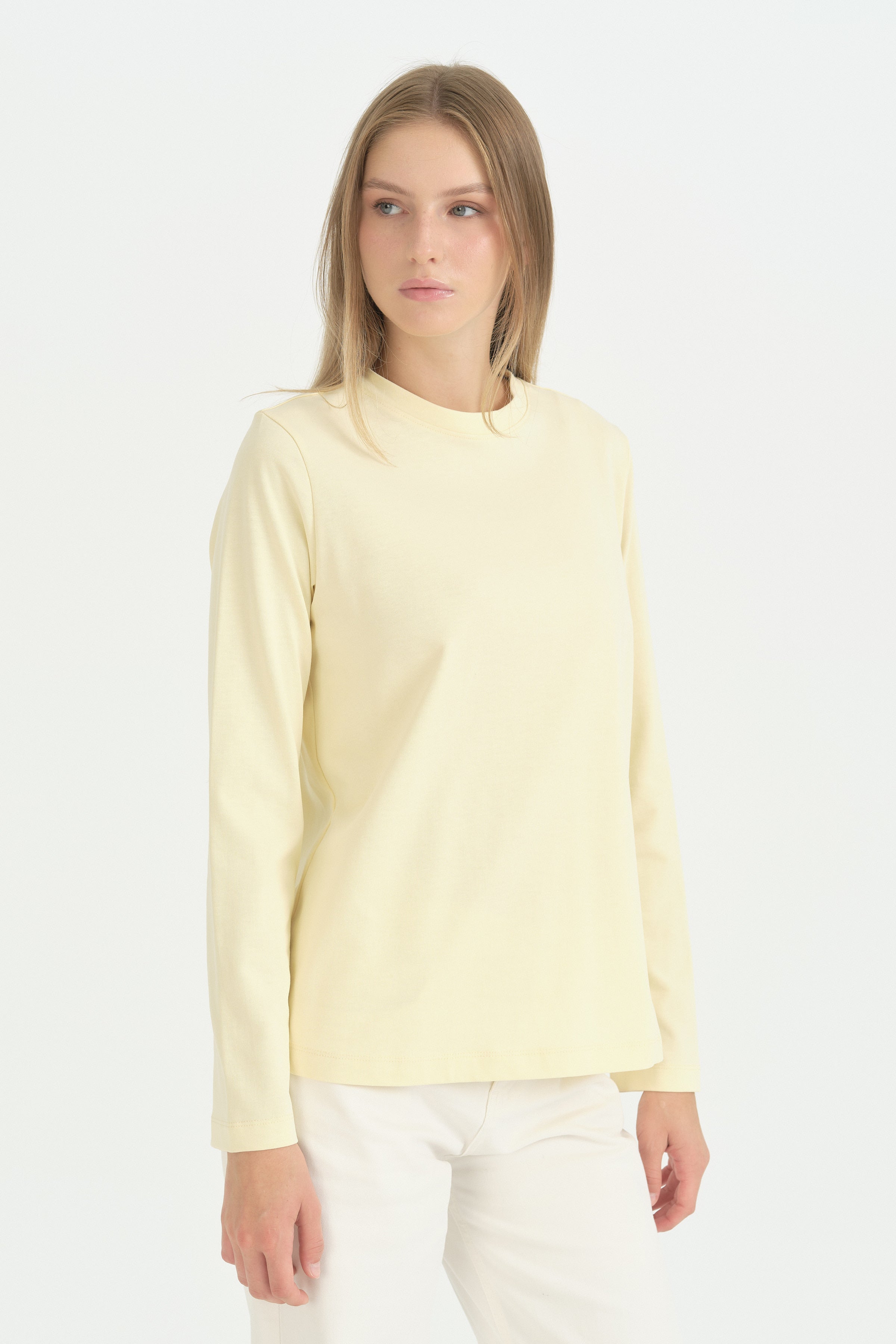 Uzun Kollu Basic Pamuk T-Shirt - Tereyağ Sarısı