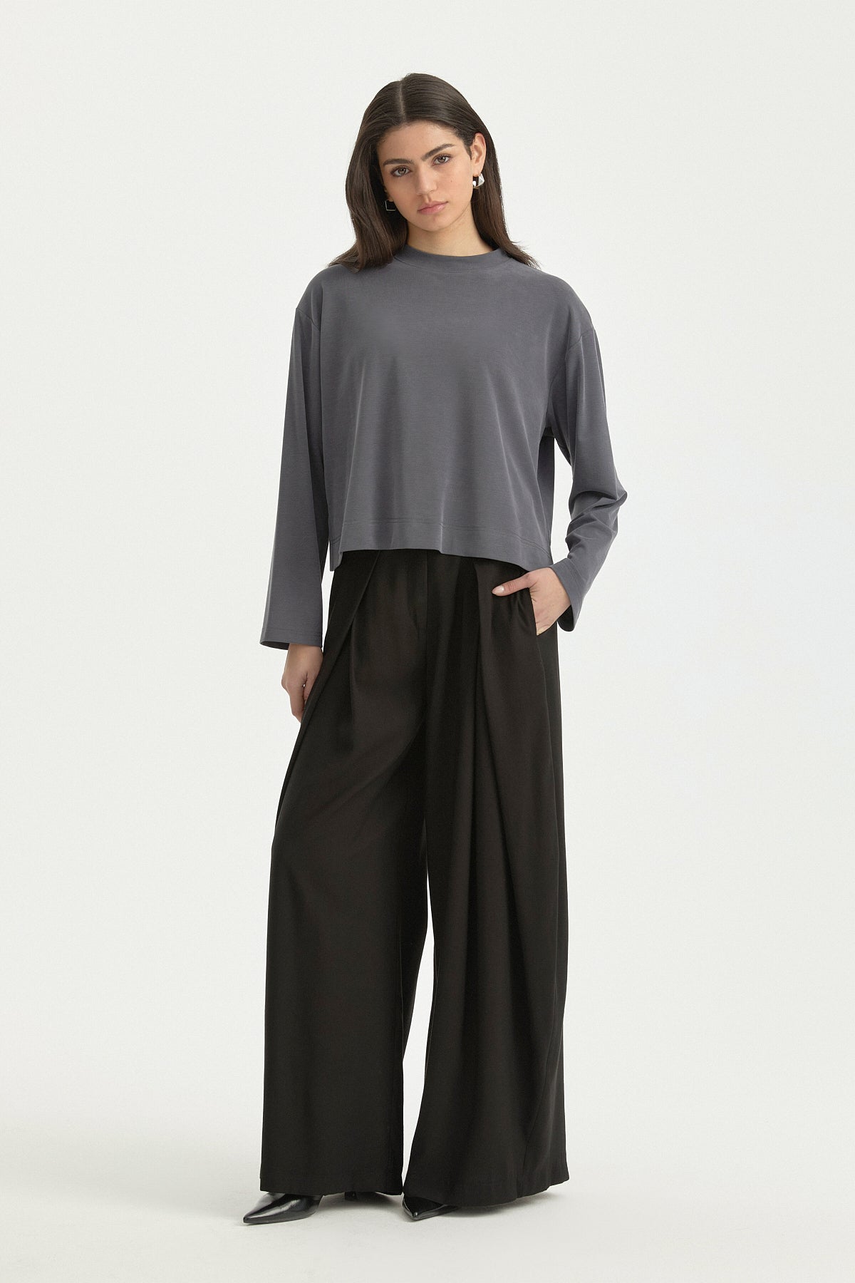Uzun Kollu Crop Basic T-Shirt - İndigo