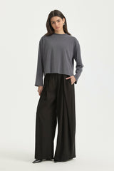 Uzun Kollu Crop Basic T-Shirt - İndigo