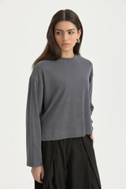 Uzun Kollu Crop Basic T-Shirt - İndigo