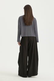 Uzun Kollu Crop Basic T-Shirt - İndigo