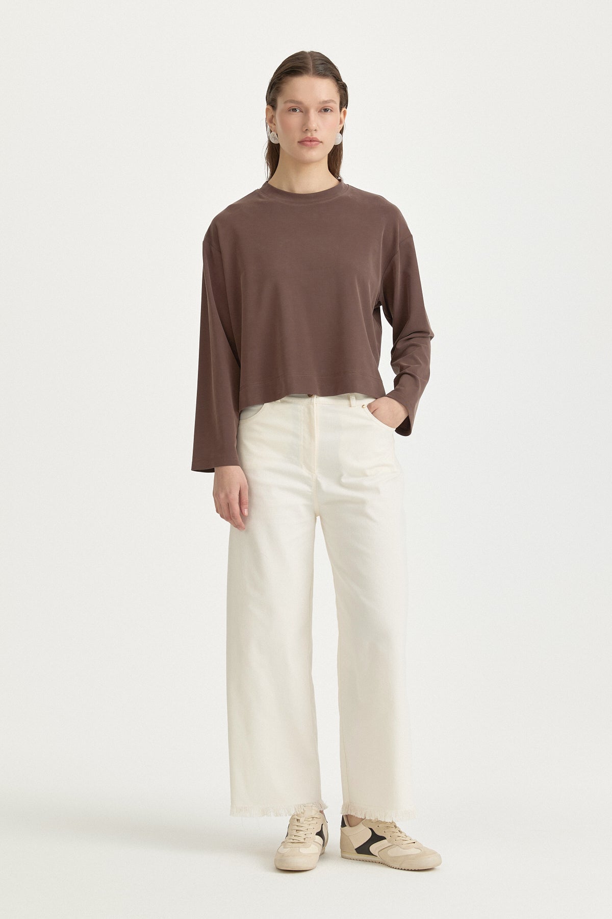 Uzun Kollu Crop Basic T-Shirt - Kahve