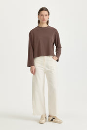 Uzun Kollu Crop Basic T-Shirt - Kahve