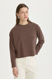 Uzun Kollu Crop Basic T-Shirt - Kahve