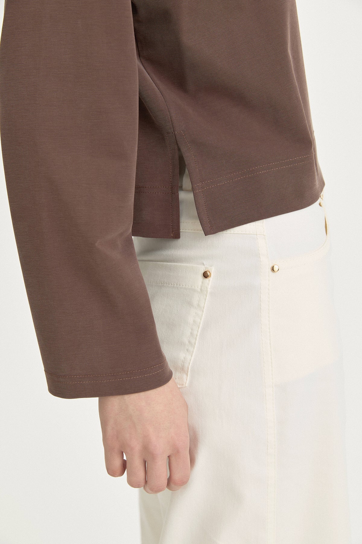 Uzun Kollu Crop Basic T-Shirt - Kahve
