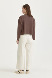 Uzun Kollu Crop Basic T-Shirt - Kahve