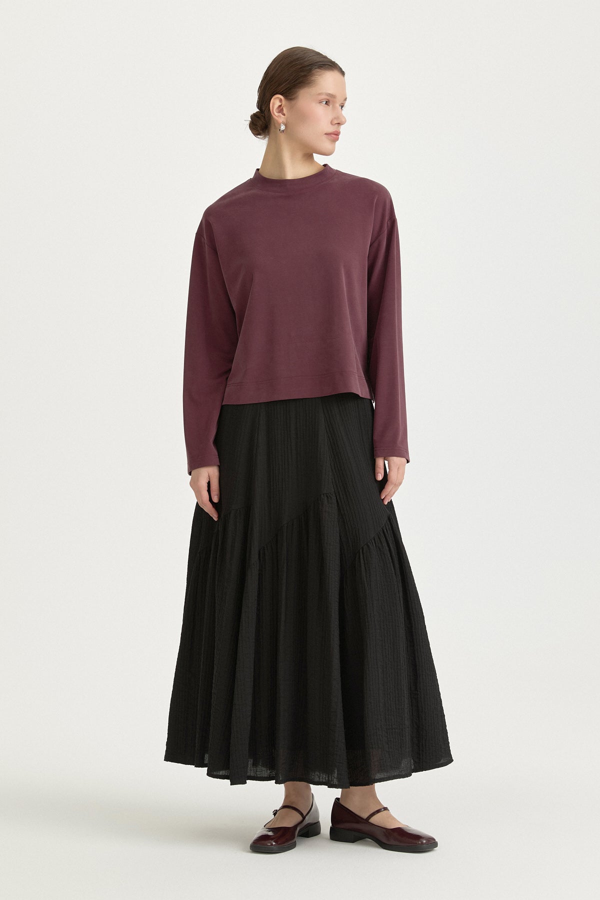 Uzun Kollu Crop Basic T-Shirt - Mürdüm