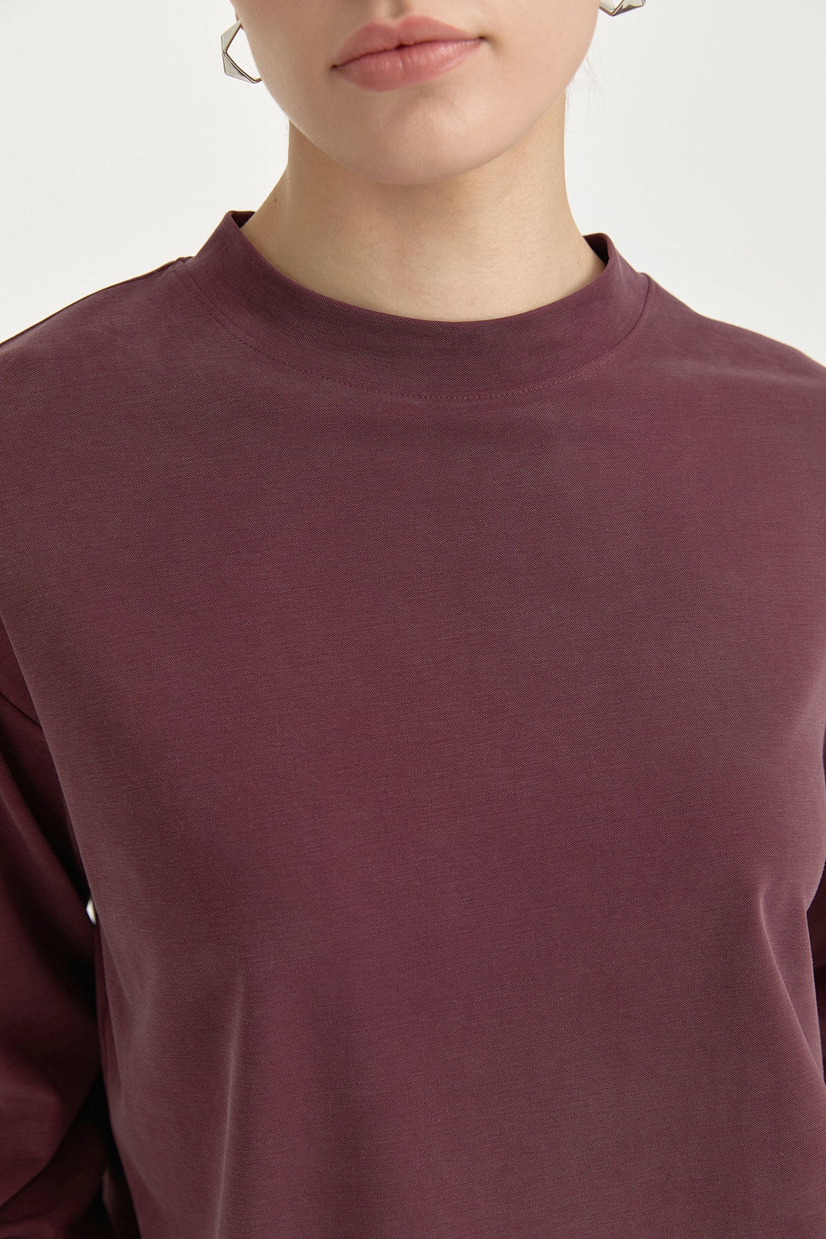 Uzun Kollu Crop Basic T-Shirt - Mürdüm