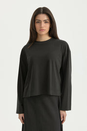 Uzun Kollu Crop Basic T-Shirt - Siyah