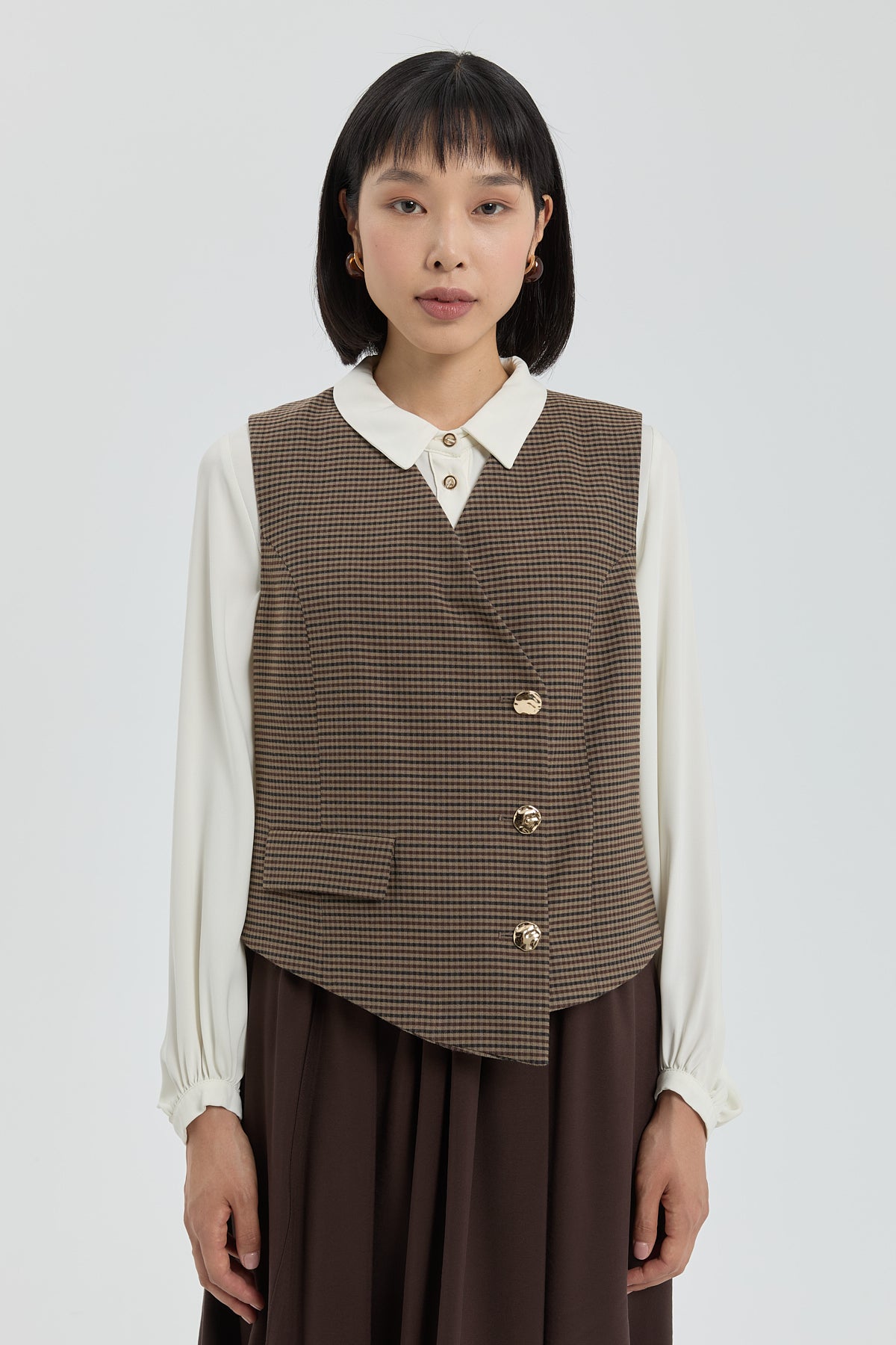 V-Neck Button-Down Vest - Brown
