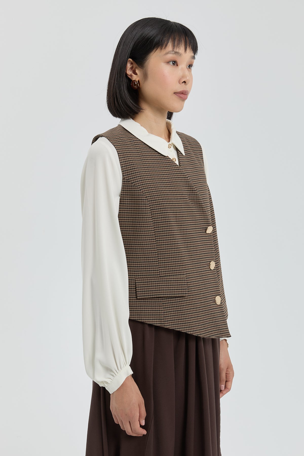 V-Neck Button-Down Vest - Brown