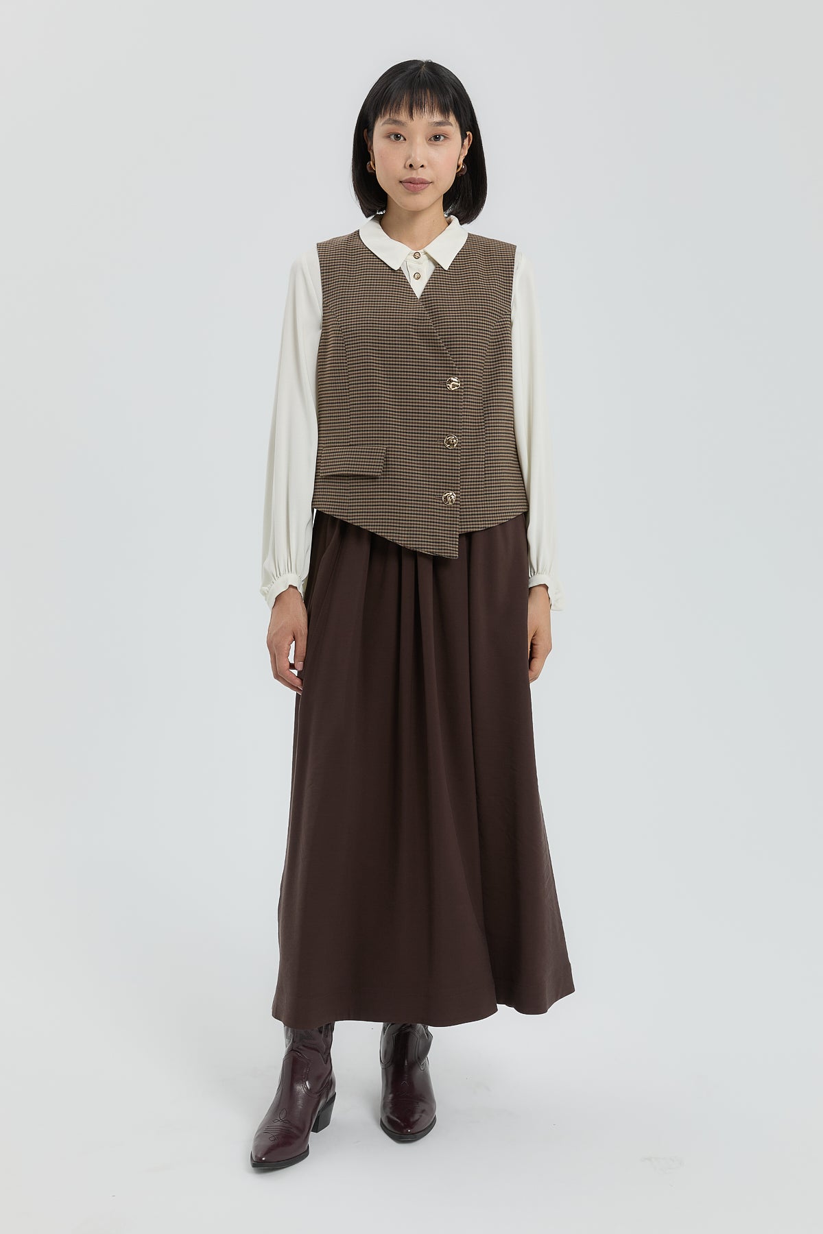 V-Neck Button-Down Vest - Brown