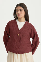V-Neck Thin Quilted Cotton Jacket - Burgundy