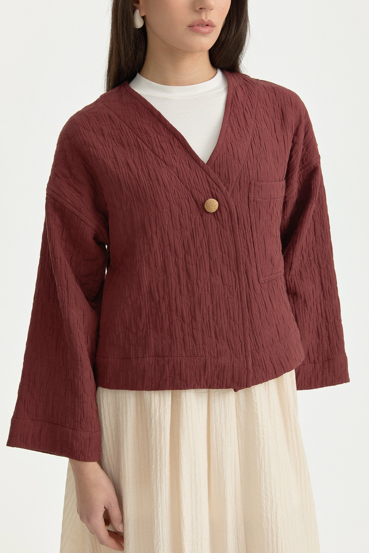 V-Neck Thin Quilted Cotton Jacket - Burgundy