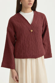 V-Neck Thin Quilted Cotton Jacket - Burgundy