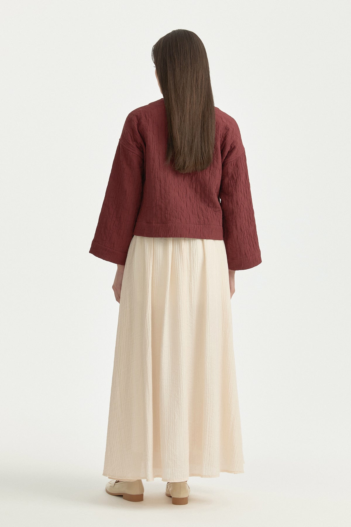 V-Neck Thin Quilted Cotton Jacket - Burgundy