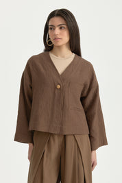 V-Neck Thin Quilted Cotton Jacket - Brown