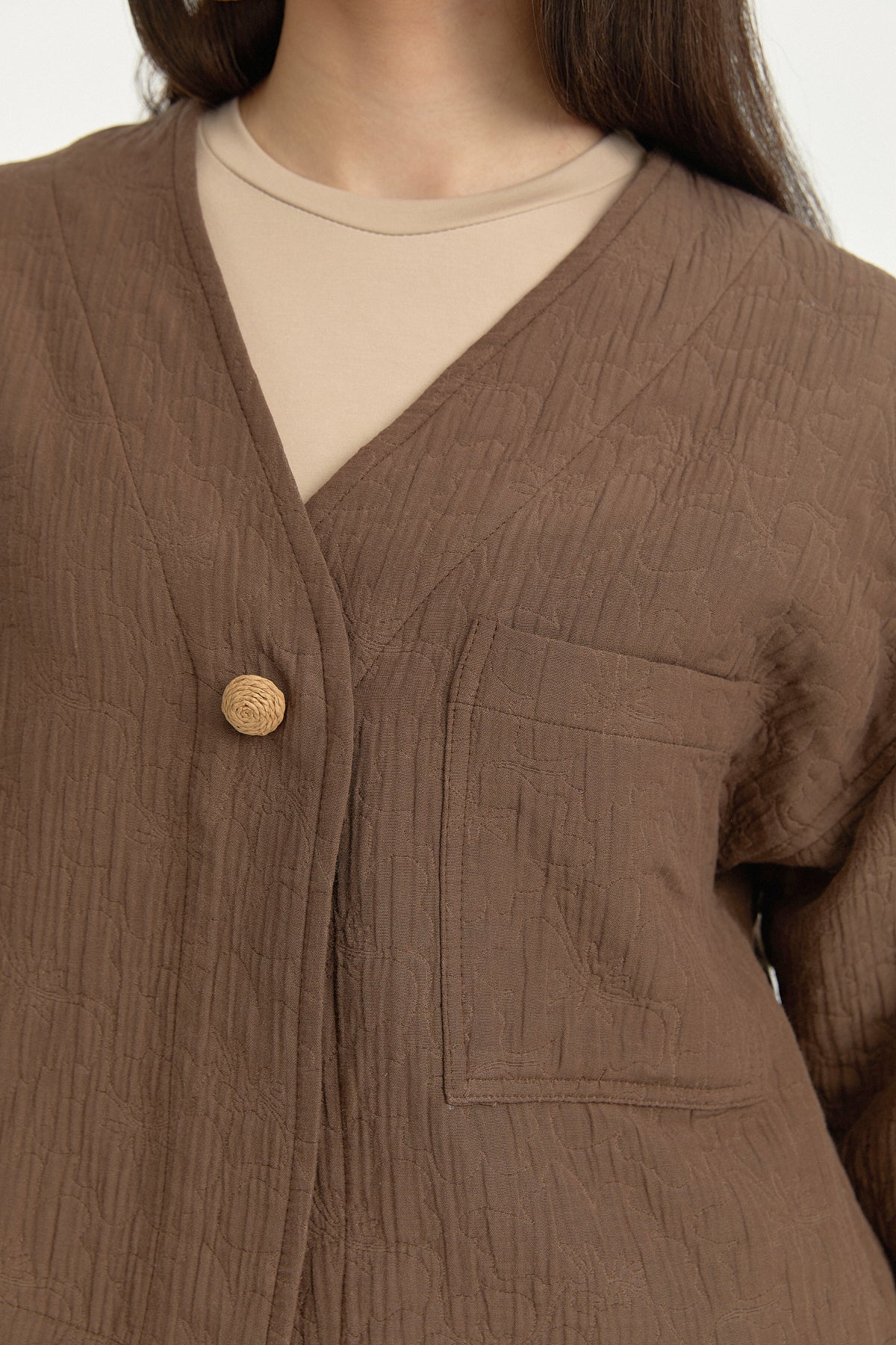 V-Neck Thin Quilted Cotton Jacket - Brown