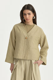 V-Neck Thin Quilted Cotton Jacket - Thyme