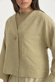 V-Neck Thin Quilted Cotton Jacket - Thyme