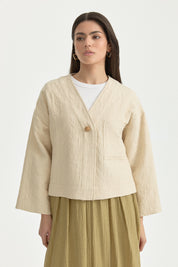 V-Neck Thin Quilted Cotton Jacket - Cream