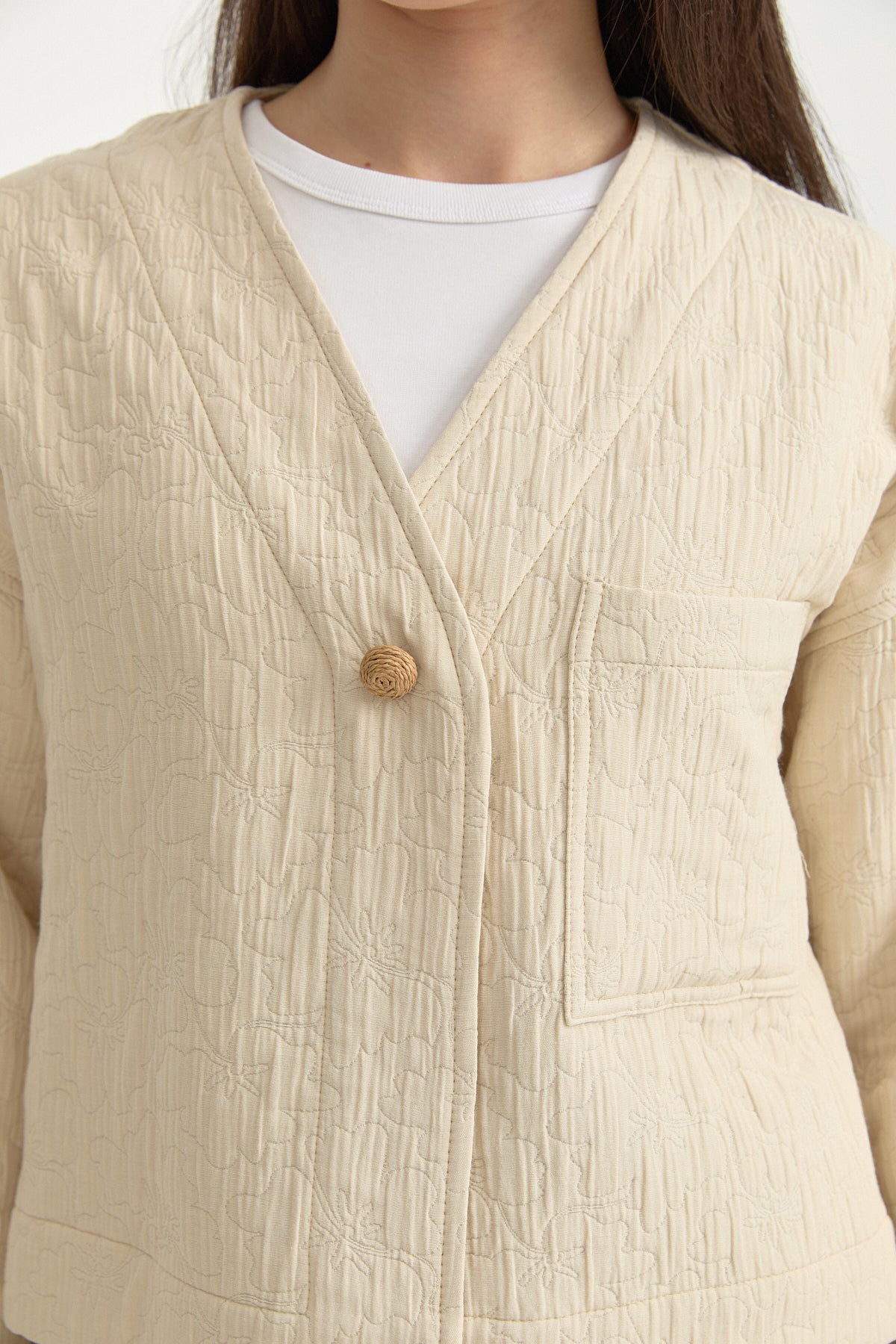 V-Neck Thin Quilted Cotton Jacket - Cream