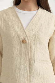 V-Neck Thin Quilted Cotton Jacket - Cream