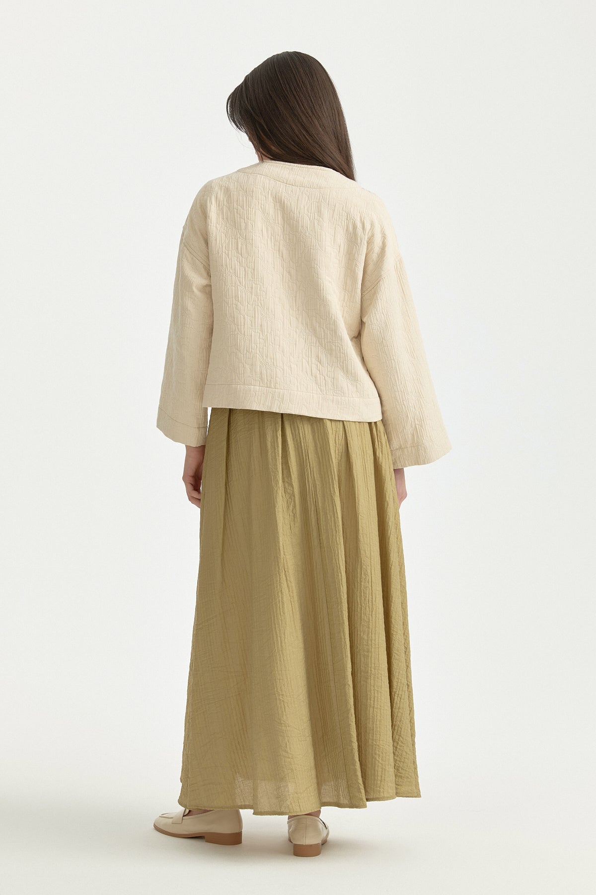 V-Neck Thin Quilted Cotton Jacket - Cream