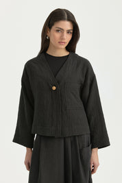 V-Neck Thin Quilted Cotton Jacket - Black