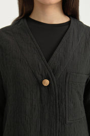 V-Neck Thin Quilted Cotton Jacket - Black