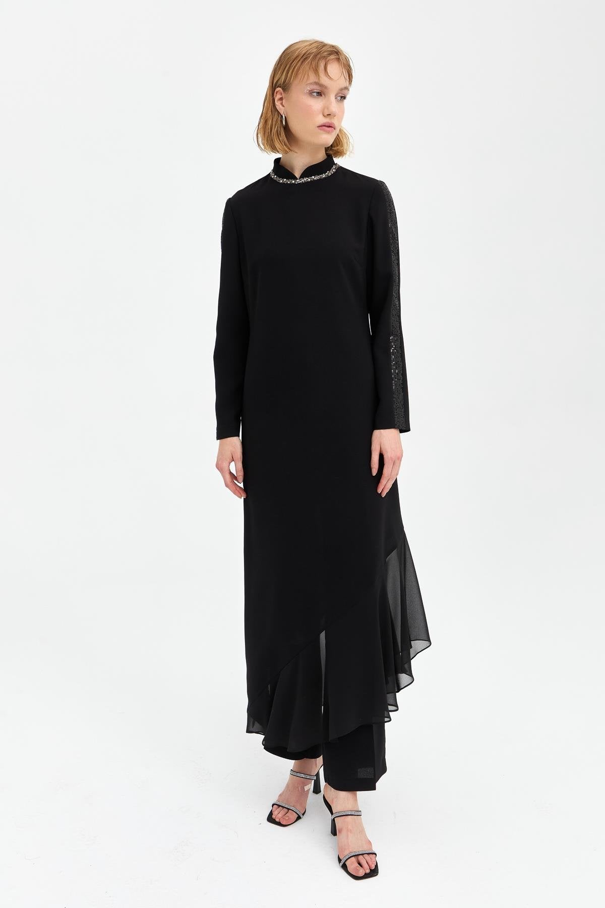 Ruffle Detail Pants and Tunic Set - Black