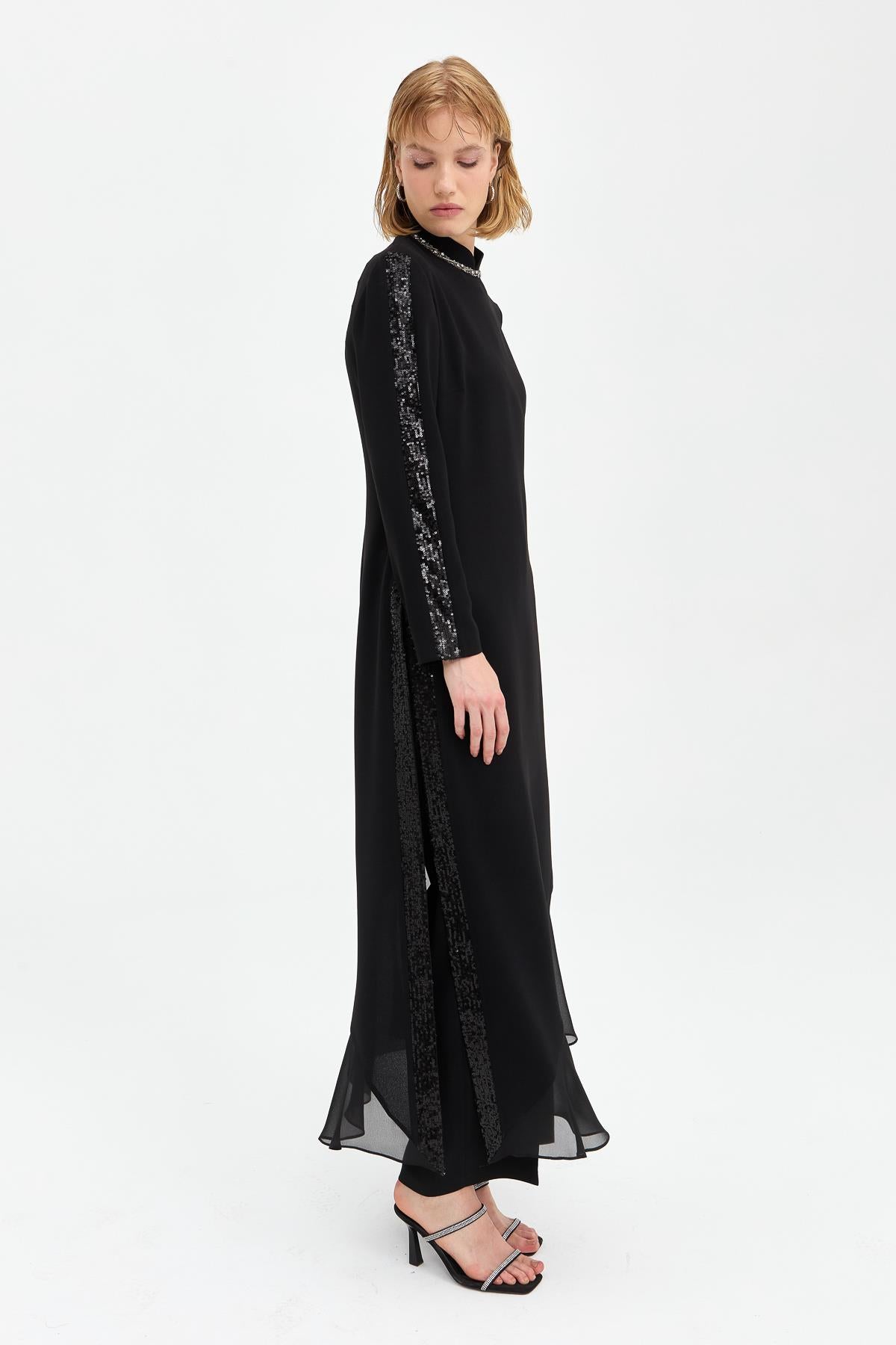 Ruffle Detail Pants and Tunic Set - Black